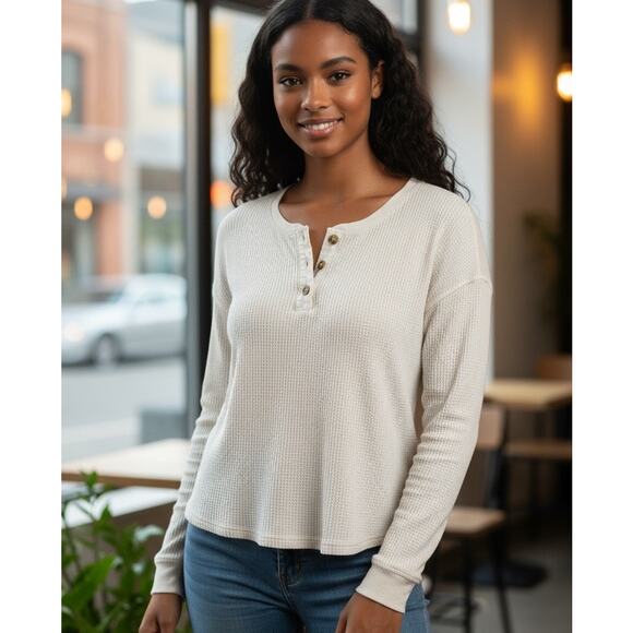Knix Women’s Waffle Henley Long Sleeve Thermal Top Cream Size M - Picture 1 of 8